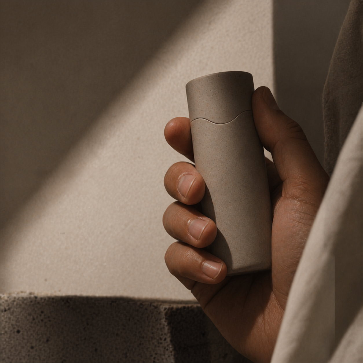 PocketLube in hand — warm light, concrete texture